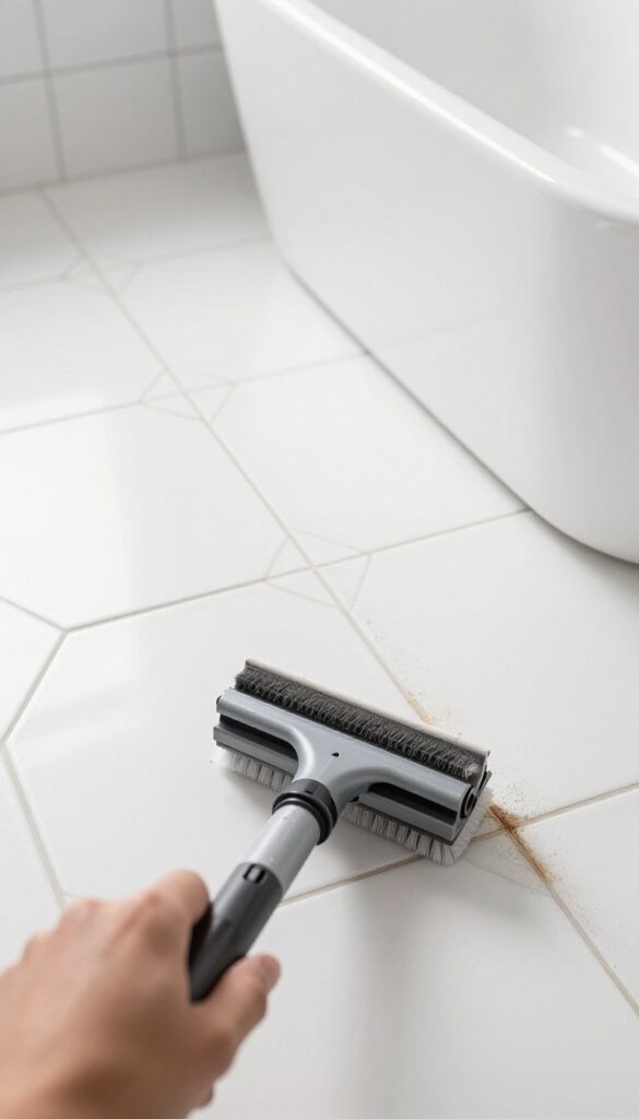 Electric grout scrubber cleaning grout lines on a bathroom floor