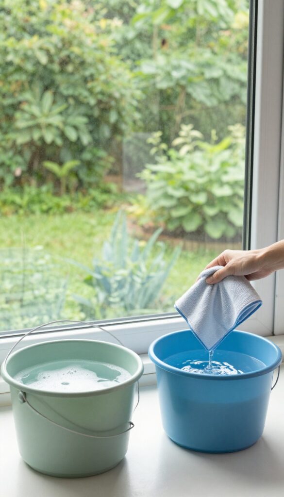 Two-bucket system for cleaning large windows with soapy and rinse water, bright natural light, garden reflection.