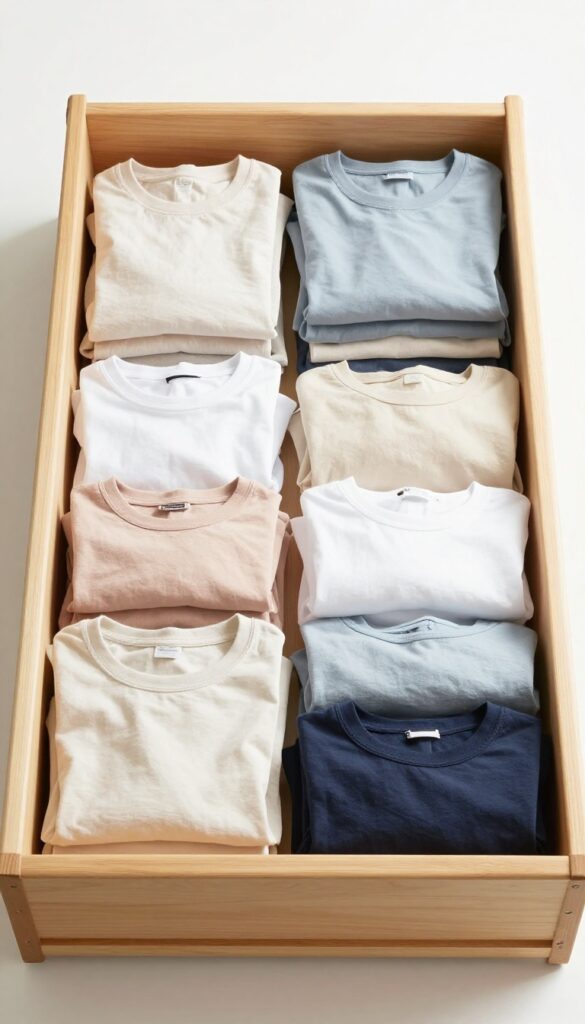 Neatly folded clothes standing upright in a drawer, organized by color.