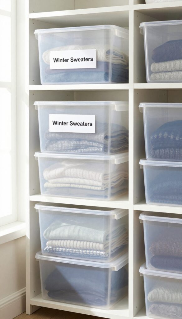 Clear labeled storage bins for seasonal clothes in a bright organized closet