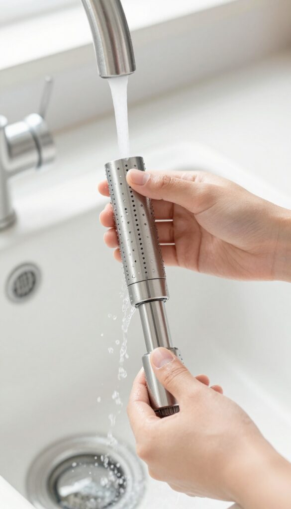 Cleaning dishwasher spray arm under running water in a kitchen sink