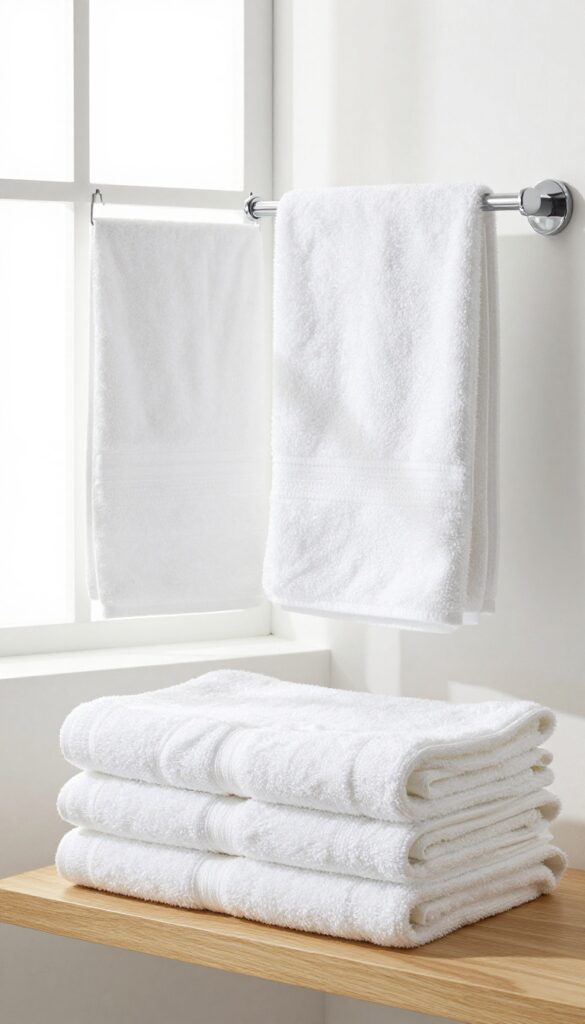 Fresh white towels neatly stacked on a shelf and hanging on a bar in a bright, clean bathroom