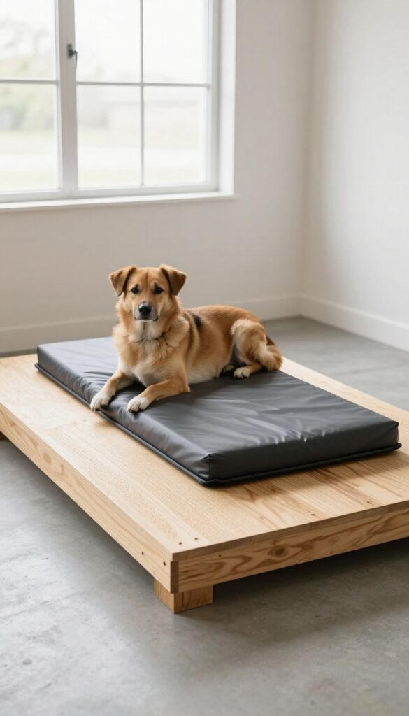Dog lying on a raised wooden platform with cushion in a clean garage