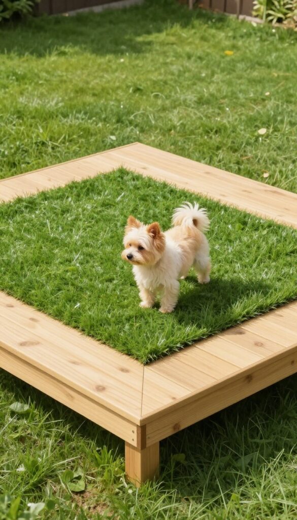 Small elevated dog potty area with artificial grass in a sunny backyard