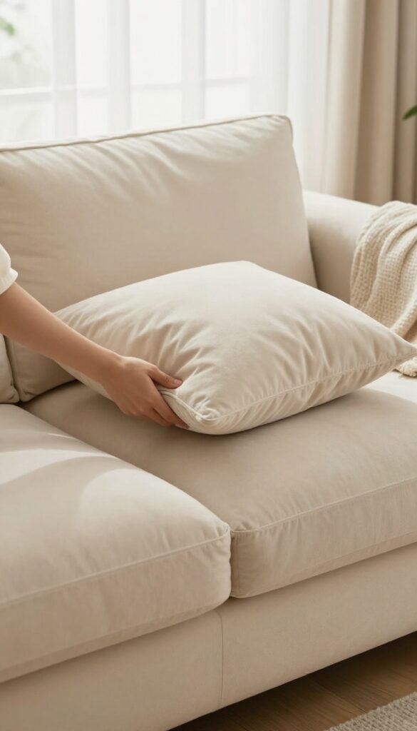 Hands fluffing a beige couch cushion in a bright living room