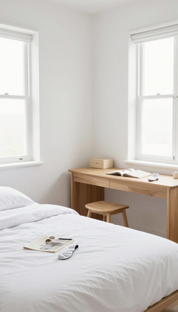 Decluttering a bedroom by tossing ten items into a box, bright natural light, clean and organized space