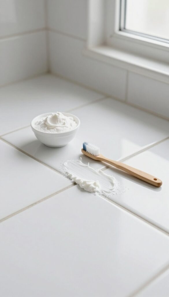 Baking soda and vinegar paste being applied to tile grout for cleaning