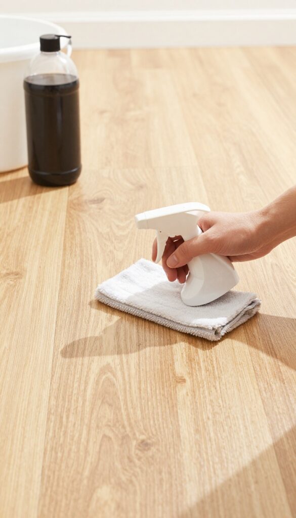 Person mopping engineered wood floor with vinegar and water solution