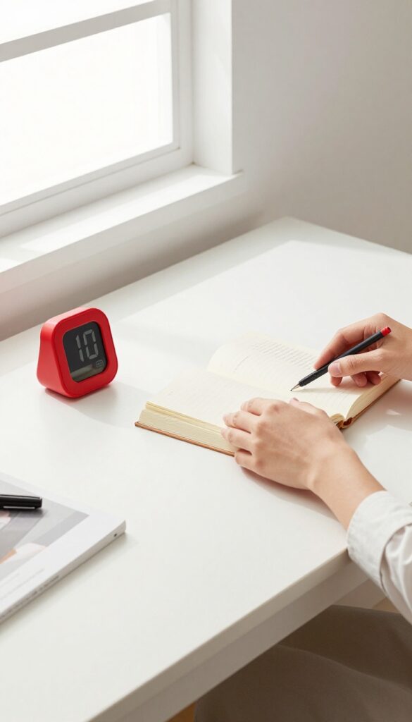 Person racing against a timer to clean a desk, with hands organizing items as the clock counts down.