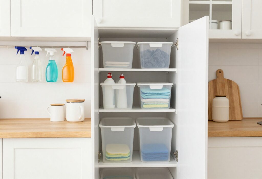 Organized cleaning products in a kitchen cabinet with clear bins and spray bottles on a wall rack.