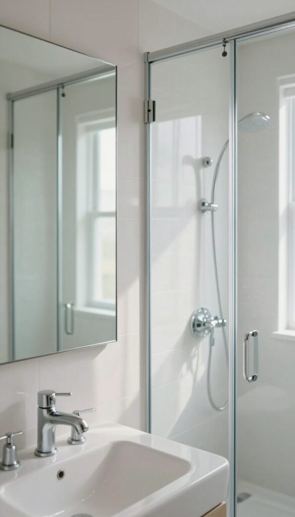 Polished bathroom mirror and chrome fixtures reflecting light, clean glass shower door