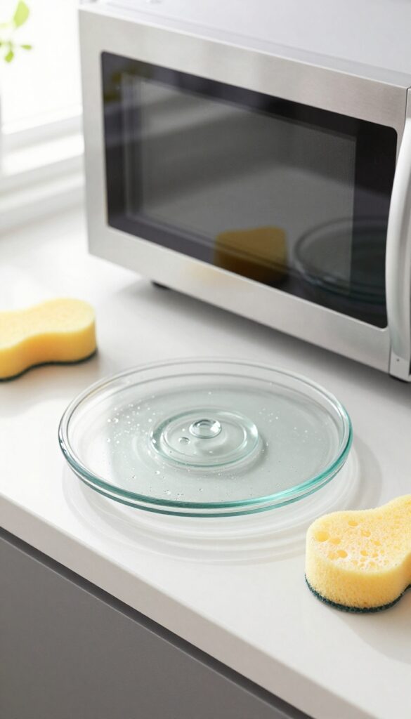 Clean glass microwave turntable and roller ring on kitchen counter with sponge and soapy water