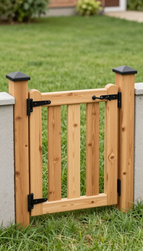 Dog kennel with decorative wooden gate and wrought-iron hardware