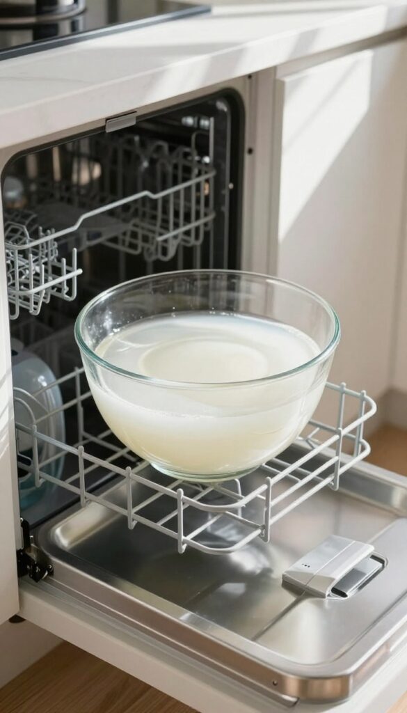 Glass bowl of vinegar placed on top rack of open dishwasher