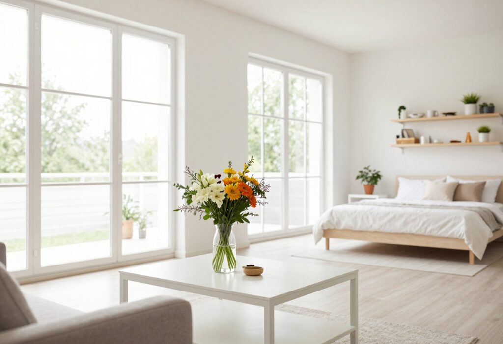 A clean and organized living room with natural light, a coffee table with flowers, and a tidy bedroom visible in the background.