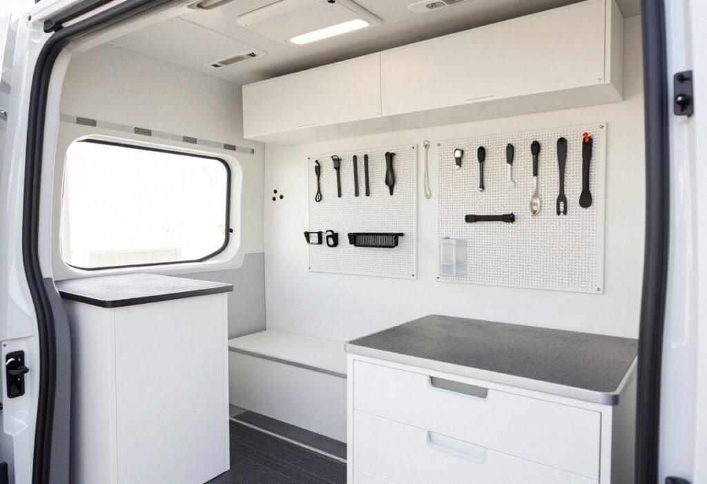 Interior of a mobile dog grooming van with organized storage including magnetic strips, pegboard, and sliding drawers.