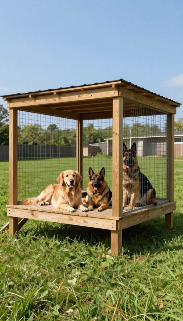 Elevated deck kennel with dogs on top and inside, built on a sloped yard with natural lighting