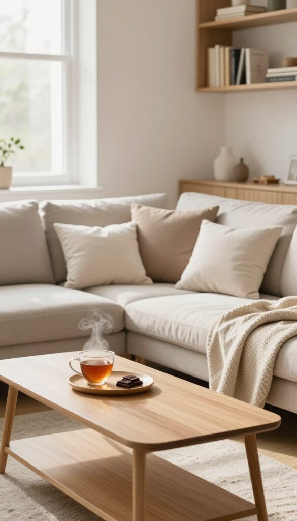 A cozy living room with a reward of tea and chocolate on the coffee table after cleaning