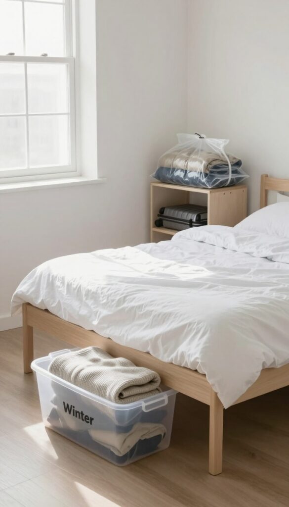 Under-bed storage bins and vacuum-sealed bags for out-of-season clothing in a clean, bright bedroom
