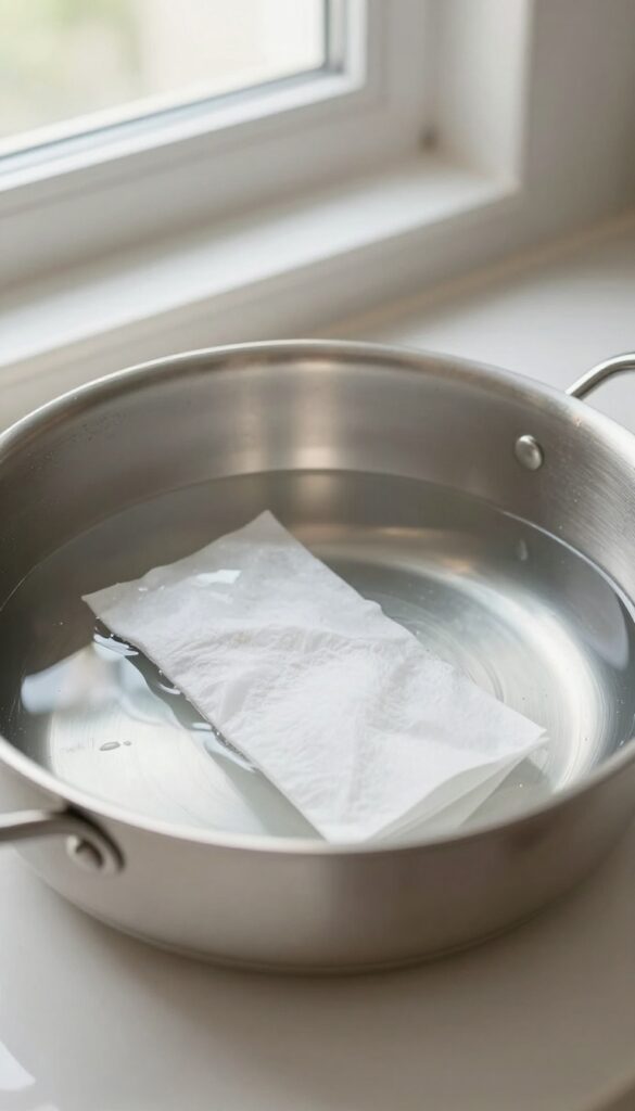 Stainless steel pan with dryer sheet soaking in warm water on a kitchen counter