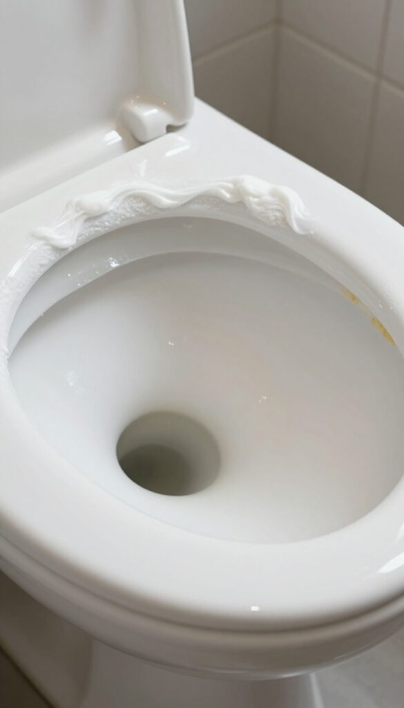 Close-up of a white toilet bowl with a hard water ring being covered by a hydrogen peroxide and cream of tartar paste.