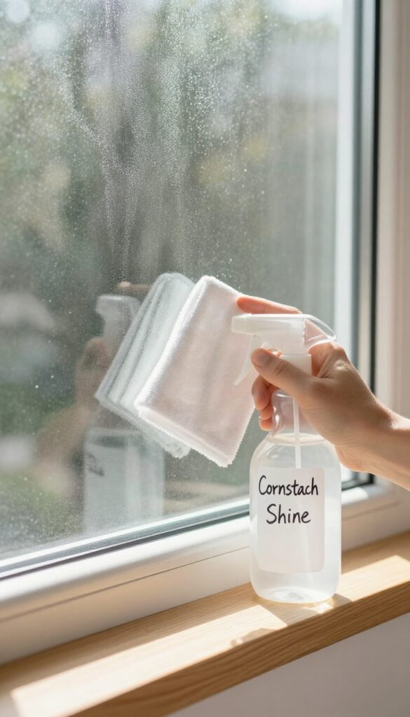 A person polishing a streak-free window with a microfiber cloth, with a spray bottle of cornstarch cleaner nearby.