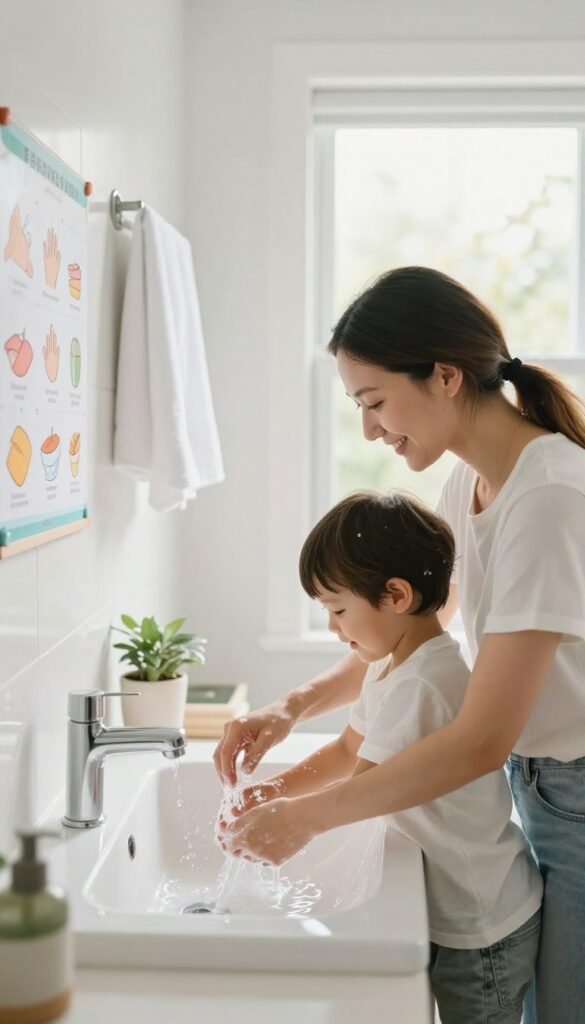 Mother and child washing hands together at a bright bathroom sink with a colorful handwashing chart on the wall