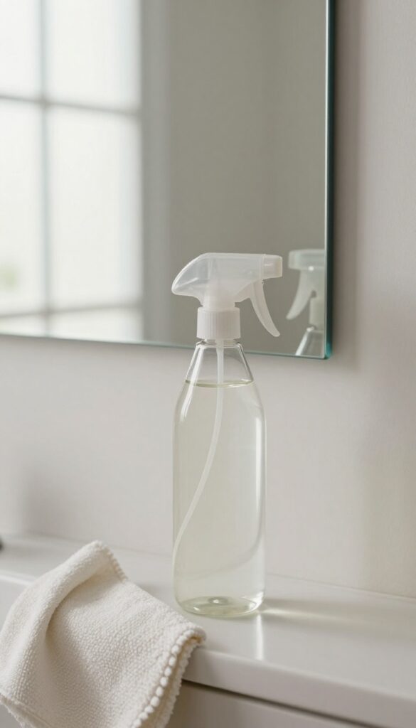 Spray bottle and microfiber cloth next to a clean, streak-free mirror in a bright room.