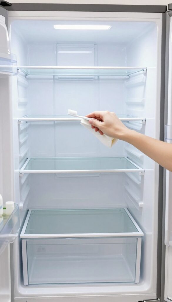 A clean, empty refrigerator with shelves removed, sparkling interior, and hands cleaning door seals.