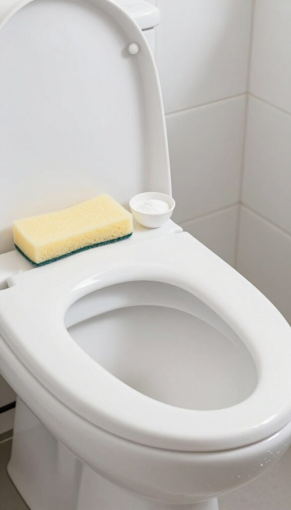 Cleaning toilet tank with baking soda and sponge