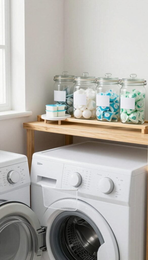 Clean laundry room with organized supplies on shelf and spotless machines