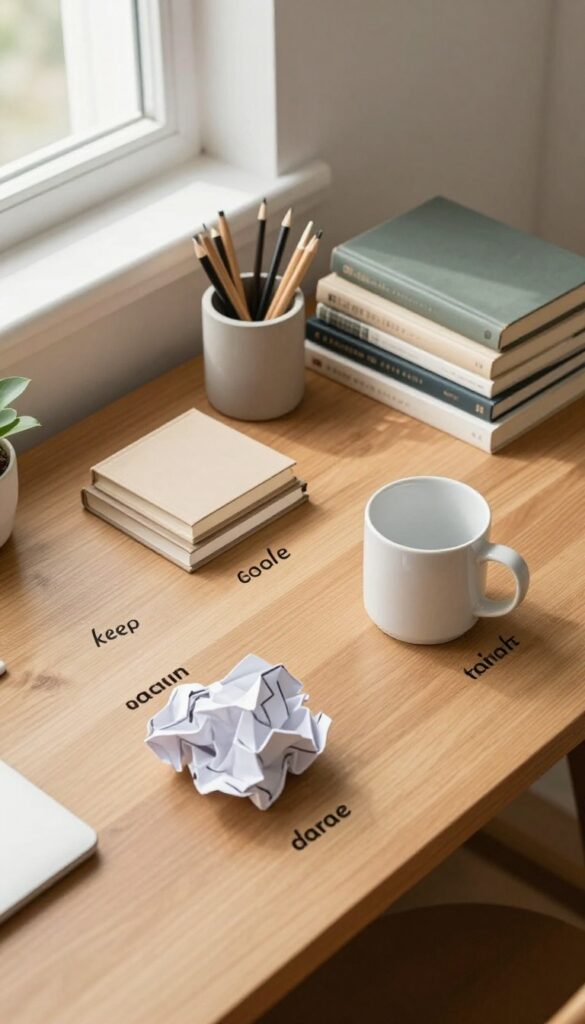 Decluttering a desk corner into keep, donate, and trash piles