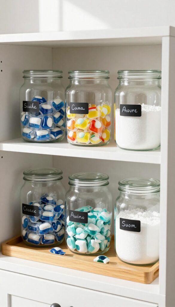 Clear glass jars filled with dishwasher tablets, laundry pods, and cleaning powder on a shelf, with labels and a tray underneath.