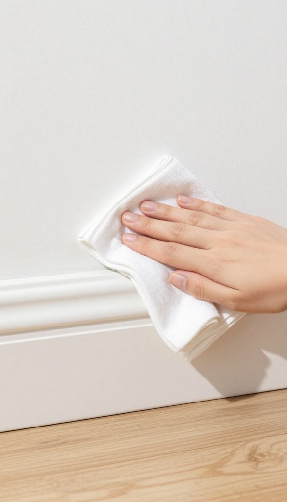 Hand wiping dust off a white baseboard with a microfiber cloth in a bright room