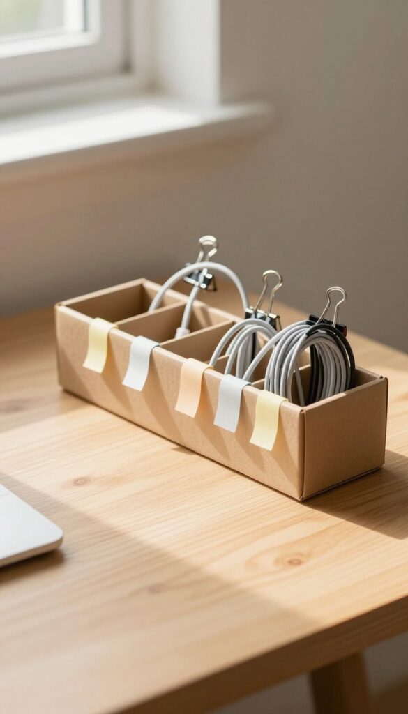 Organized charging cables on a desk with binder clips and labeled tags, natural light, clean and tidy setup.