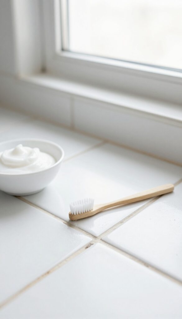 Baking soda and dish soap scrub being applied to grout lines on a bathroom floor