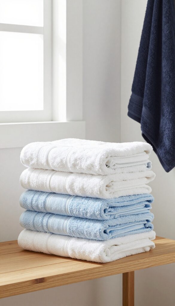 White and light blue towels stacked separately from dark navy towels on a wooden shelf in a bright laundry room.