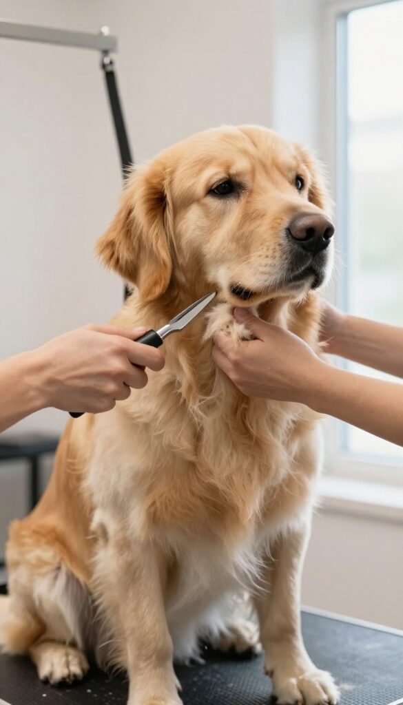 Professional groomer carefully detangling matted fur on a golden retriever in a bright home grooming area.