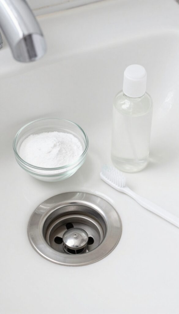 Clean bathroom sink drain with baking soda and vinegar for natural cleaning