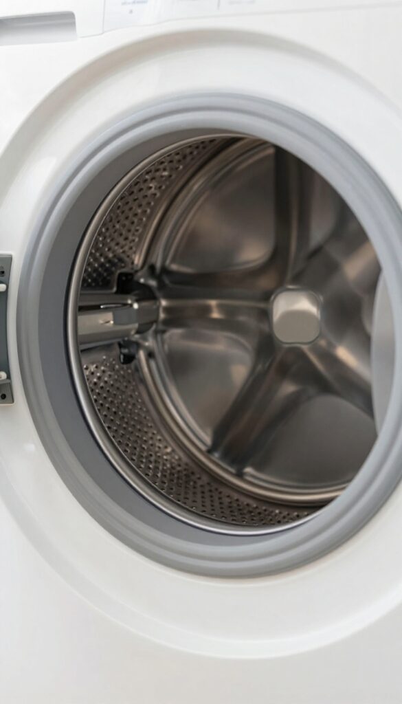 Front load washer drum with an Affresh cleaning tablet inside, bright and clean