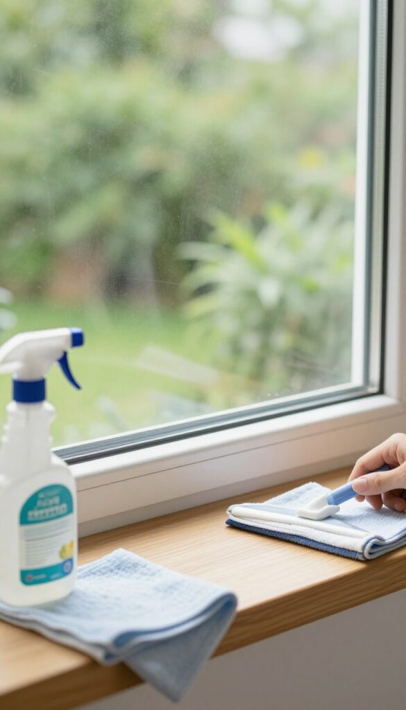 Sparkling clean window with cleaning tools on the sill, bright natural light, reflecting garden outside.