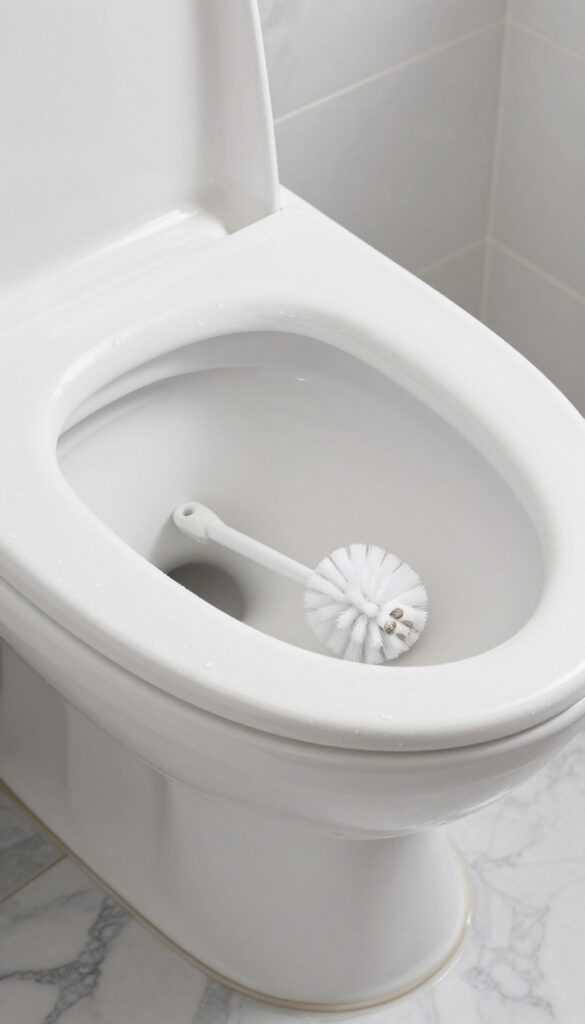 Close-up of a clean toilet bowl with cleaning tools on marble floor