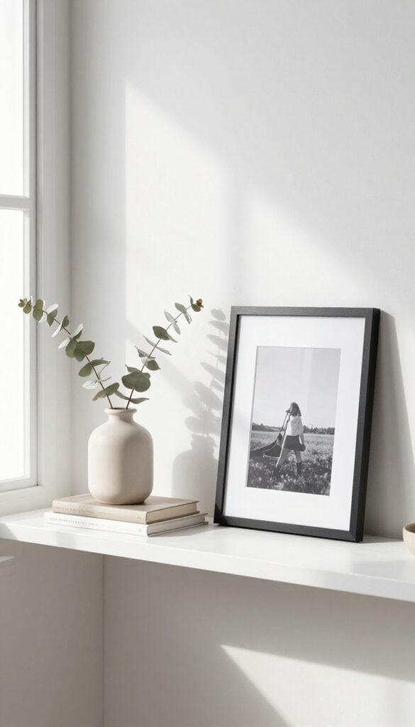A minimal shelf with a few curated decorative items in a bright, clutter-free living room.