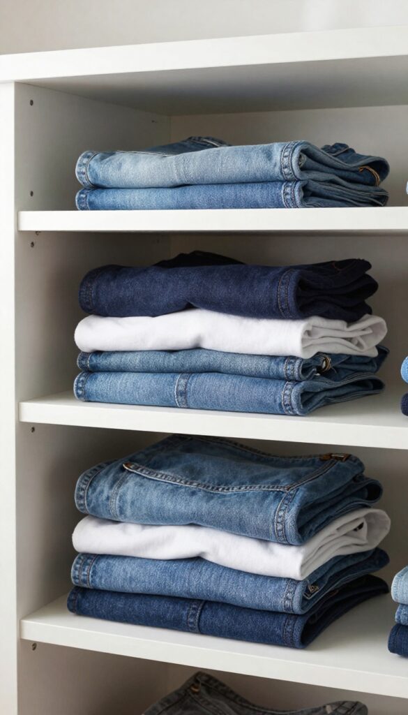 Closet shelf with shelf dividers organizing folded jeans, sweaters, and t-shirts