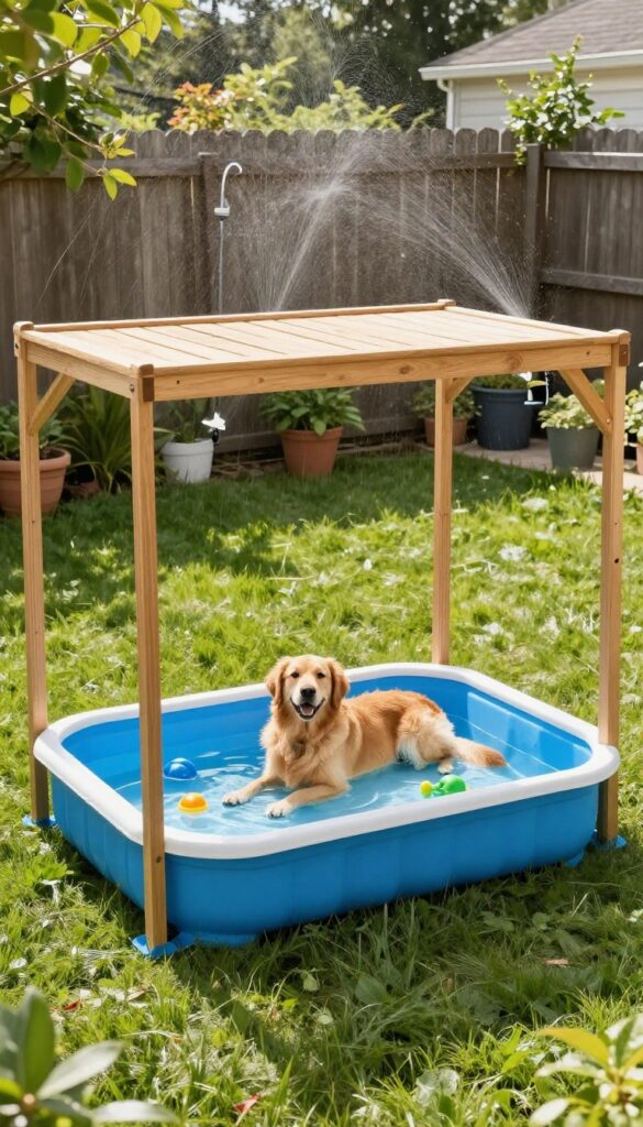 Dog cooling station with kiddie pool, cooling mat, and misting system in a sunny backyard