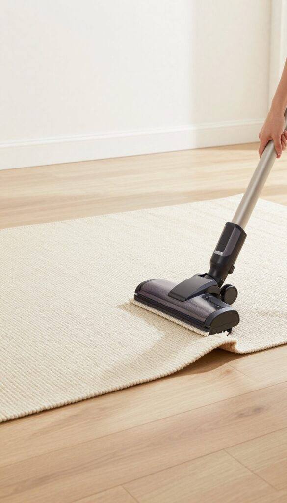 Person flipping rug to vacuum back side, vacuum cleaner nearby, bright natural light