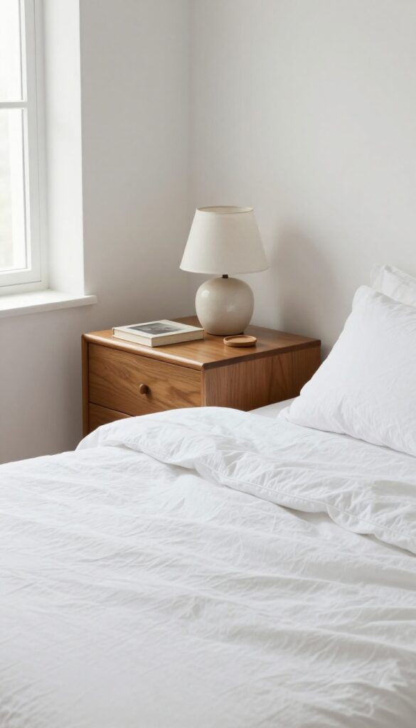 Clean nightstand with lamp, book, and coaster in bright bedroom