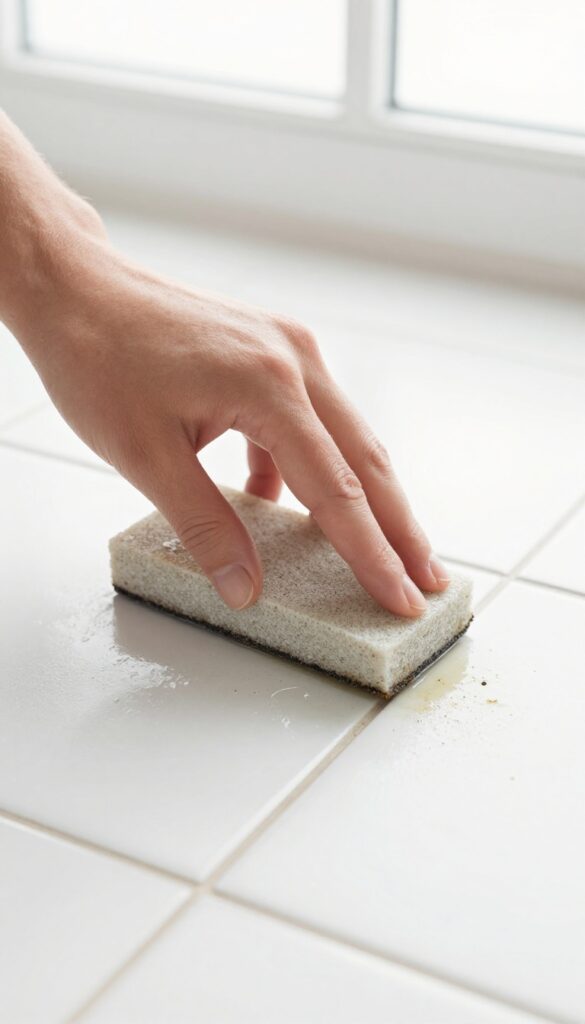 Hand using a wet pumice stone to scrub grout stain on ceramic tiles