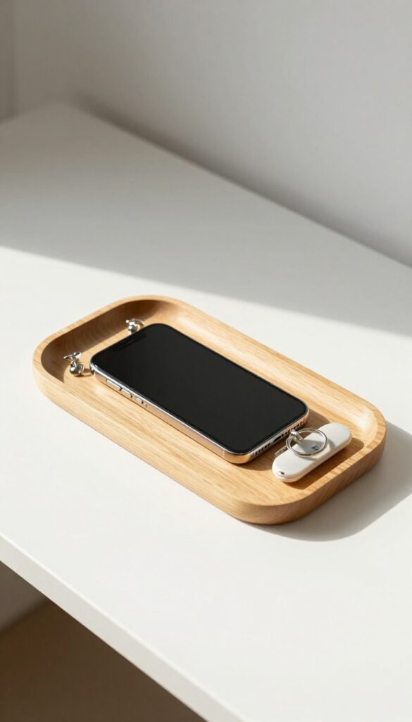 A ceramic tray holding phone, earrings, remote, and keys on a white desk, natural light, clean and organized.