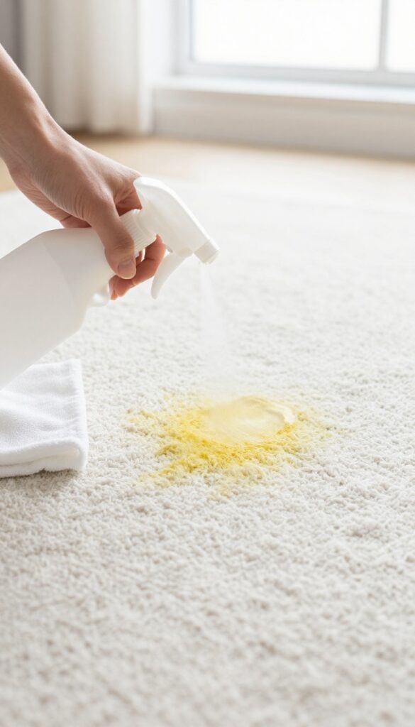 Person spraying hydrogen peroxide on yellowed white carpet to restore brightness